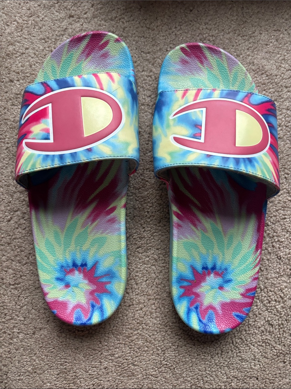Champion Tie-Dye Kids Slide Sandals in Pink, Blue, Yellow